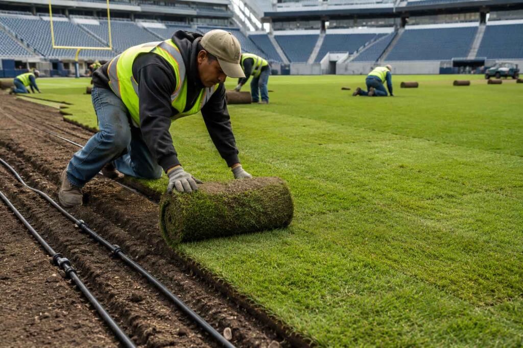 NFL stadiums World Cup 2026 — ground crew installing soccer turf
