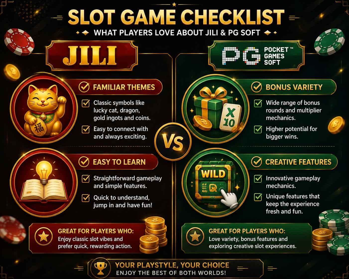Jili vs PG Soft checklist familiar themes bonus variety